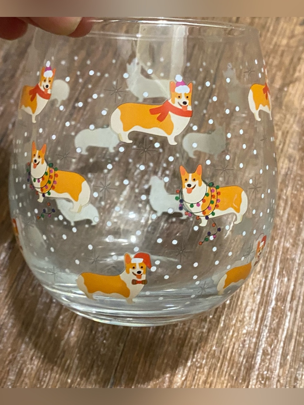 Corgi Christmas Stemless Wine Glass 4” H x 3”W Corgis Dogs Hand Painted Gift